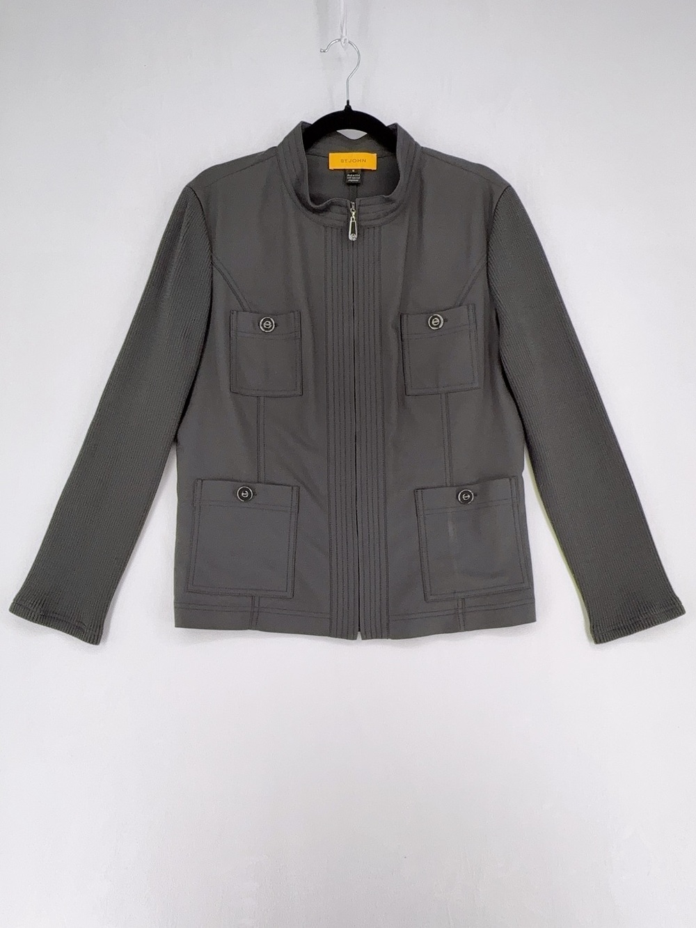ST. JOHN Yellow Label Gray Utility Knit Jacket Full Zip 4-Pocket Logo Button 12